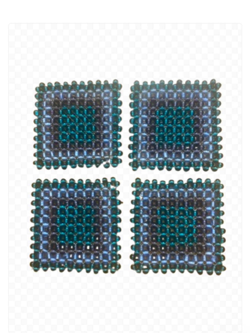 Vintage 4 Beaded Square Coasters  - Teal Green, Light bluish, Brown purplish